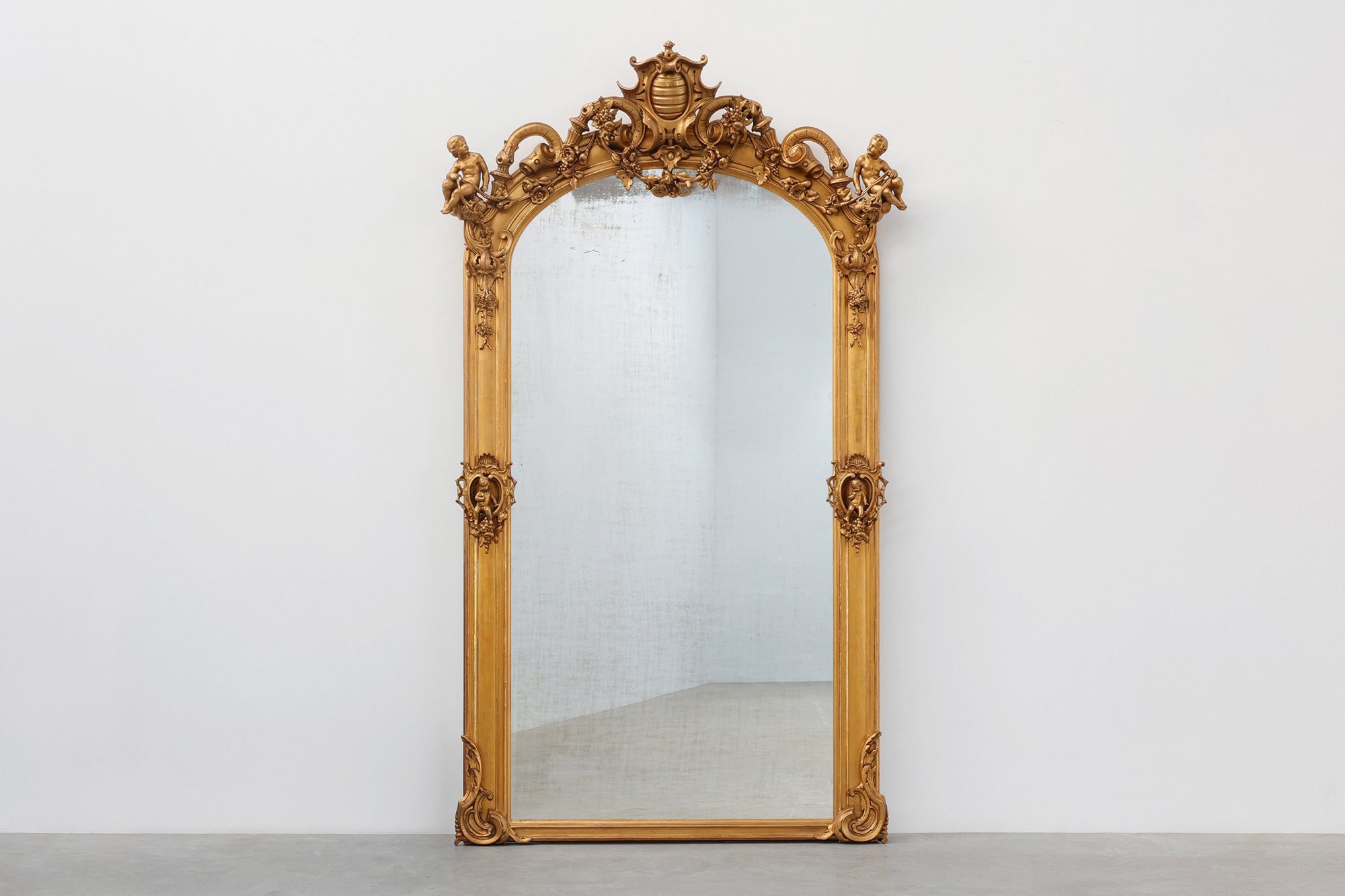 Large Napoleon III Gold-Coloured Mirror with Putti and Floral Crest, France, 1870thumbnail