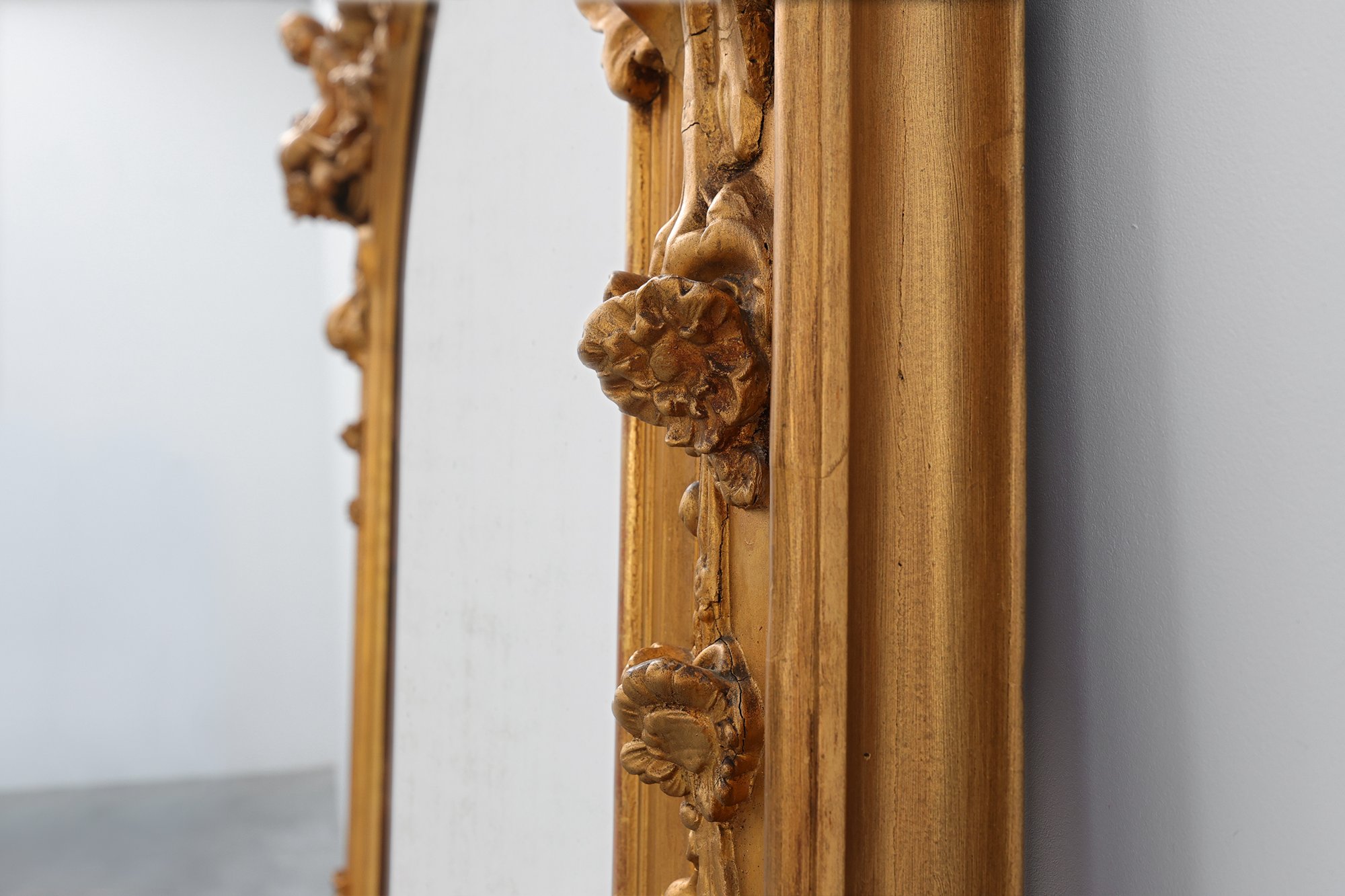 Large Napoleon III Gold-Coloured Mirror with Putti and Floral Crest, France, 1870thumbnail