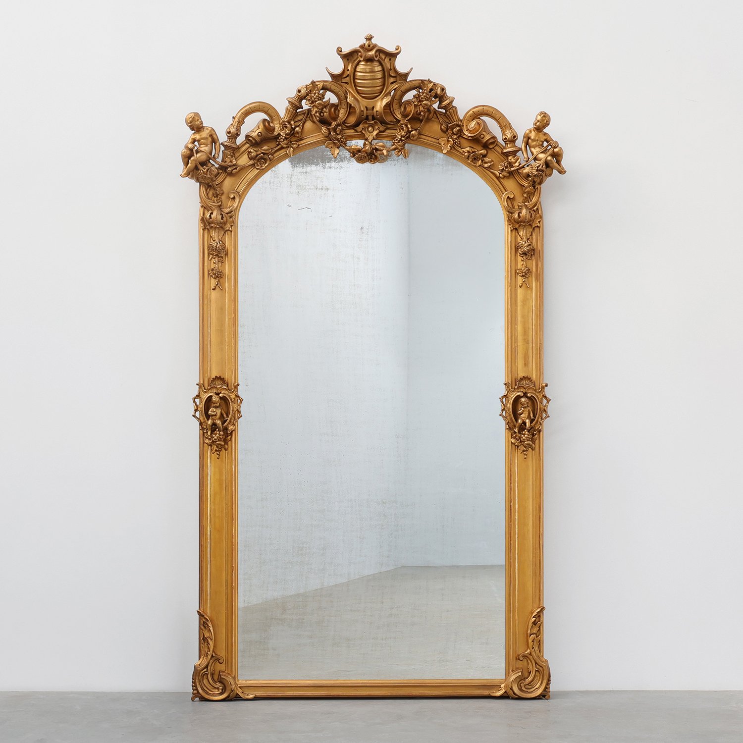 Large Napoleon III Gold-Coloured Mirror with Putti and Floral Crest, France, 1870-img