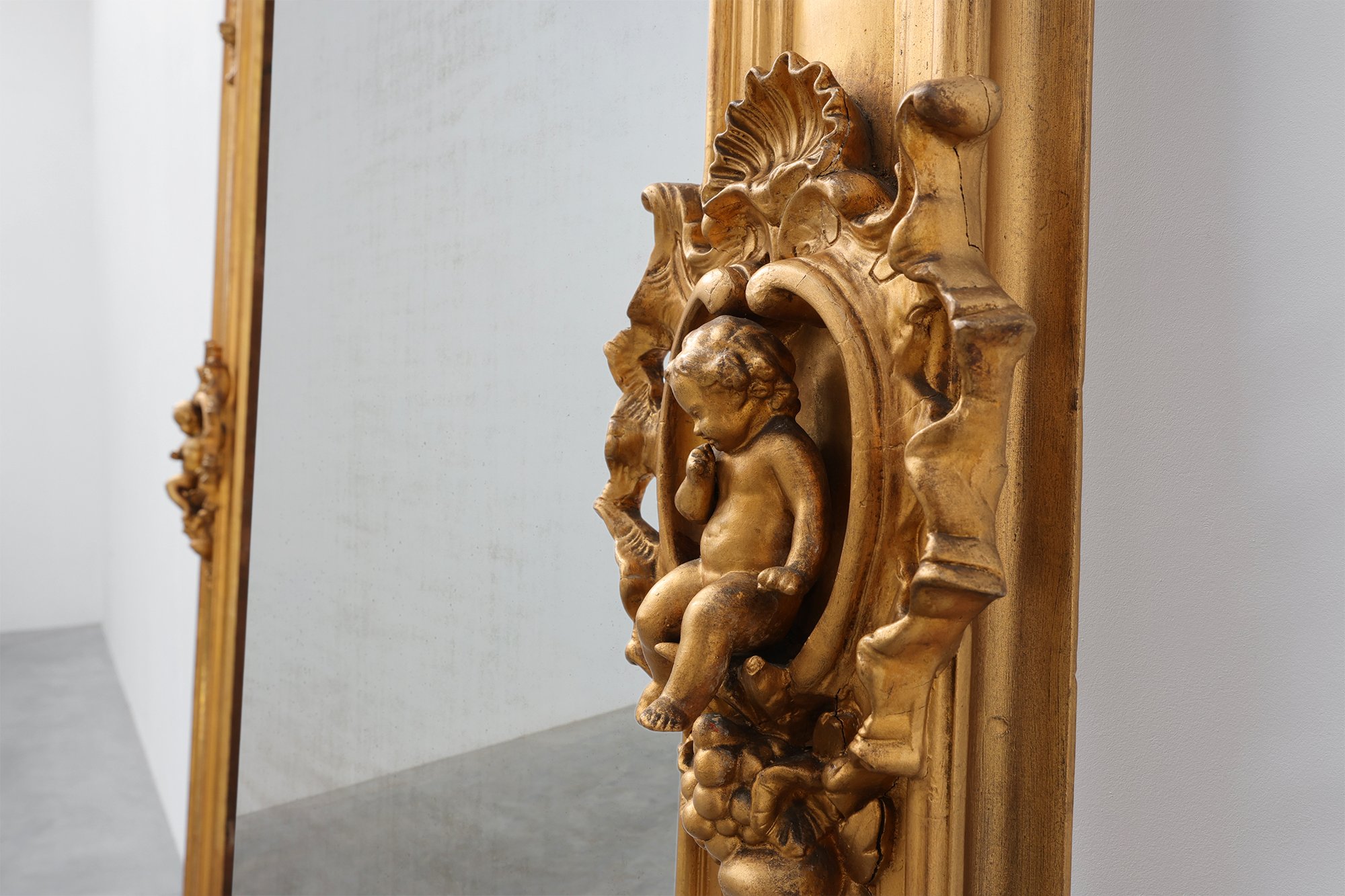 Large Napoleon III Gold-Coloured Mirror with Putti and Floral Crest, France, 1870thumbnail