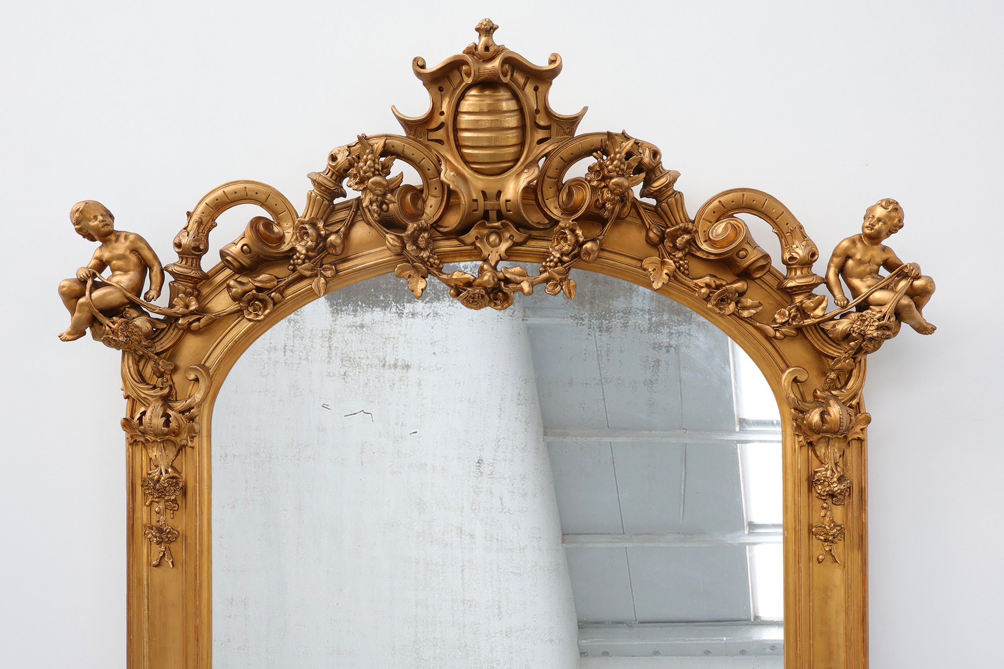 Large Napoleon III Gold-Coloured Mirror with Putti and Floral Crest, France, 1870thumbnail