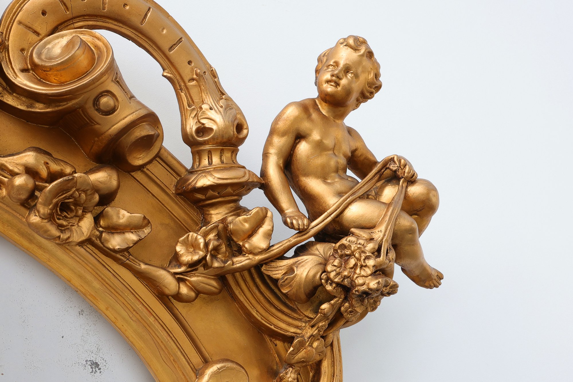 Large Napoleon III Gold-Coloured Mirror with Putti and Floral Crest, France, 1870thumbnail