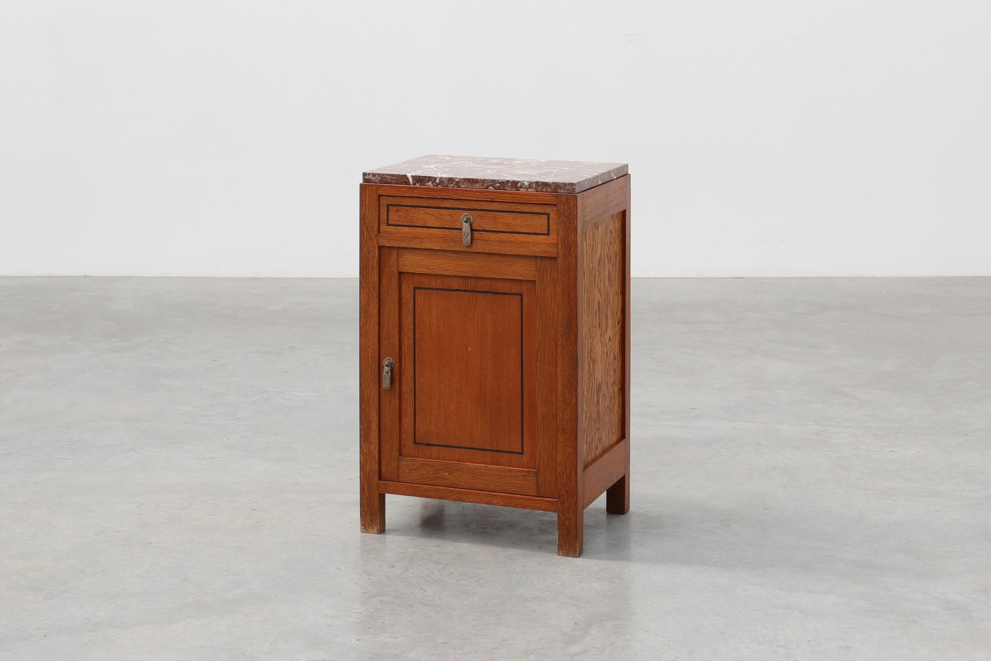 Art Deco Oak Nightstand with Black Line Inlay and Red Marble Top, 1920thumbnail