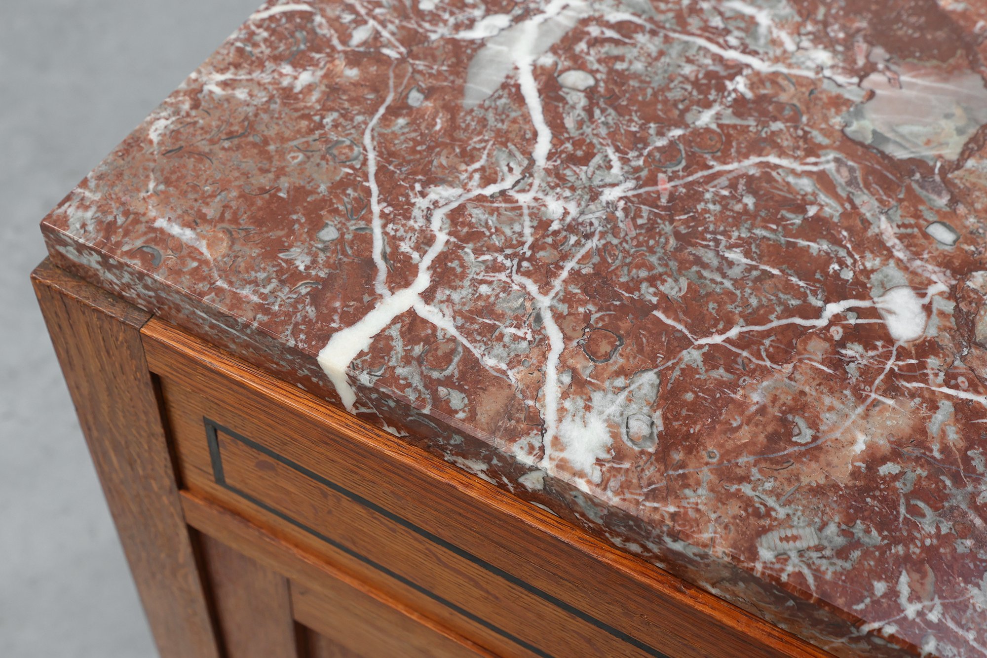 Art Deco Oak Nightstand with Black Line Inlay and Red Marble Top, 1920thumbnail