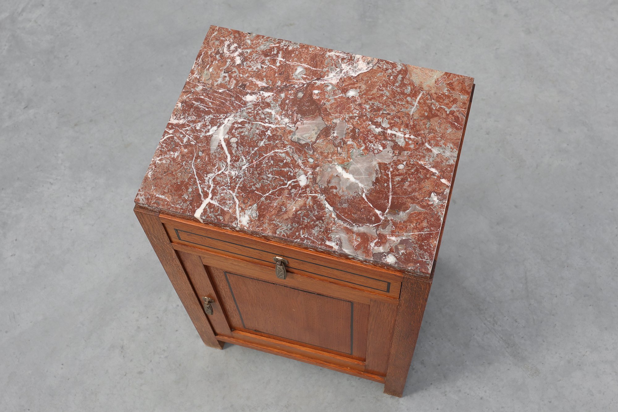 Art Deco Oak Nightstand with Black Line Inlay and Red Marble Top, 1920thumbnail