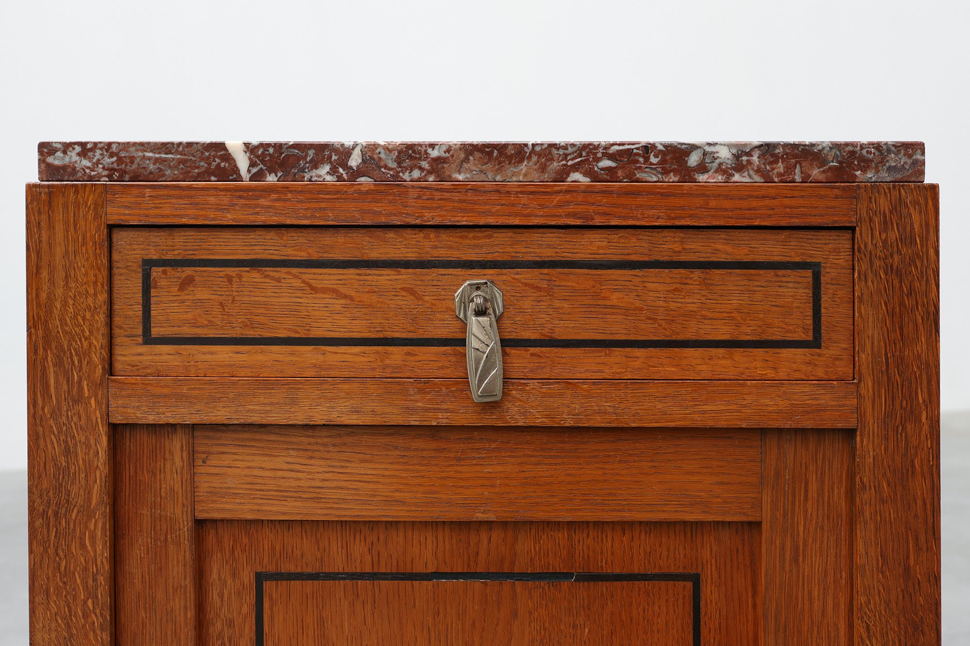 Art Deco Oak Nightstand with Black Line Inlay and Red Marble Top, 1920thumbnail