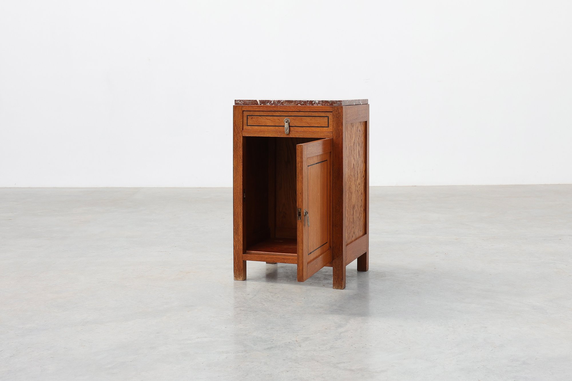 Art Deco Oak Nightstand with Black Line Inlay and Red Marble Top, 1920thumbnail