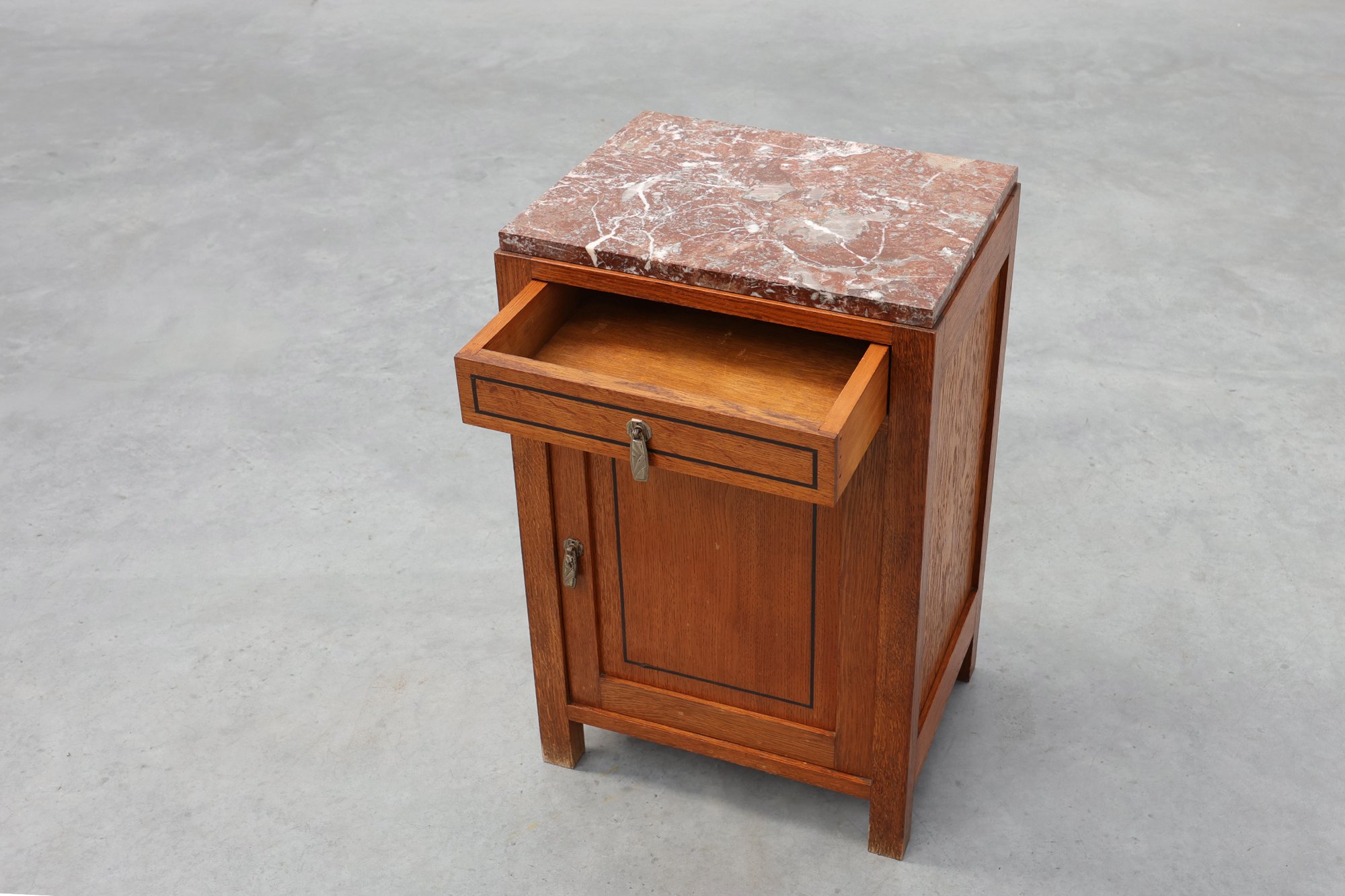 Art Deco Oak Nightstand with Black Line Inlay and Red Marble Top, 1920thumbnail