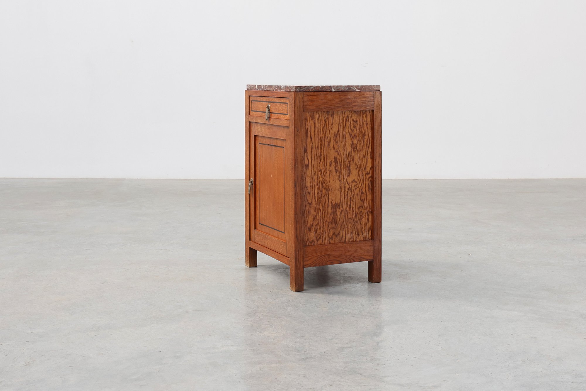 Art Deco Oak Nightstand with Black Line Inlay and Red Marble Top, 1920thumbnail