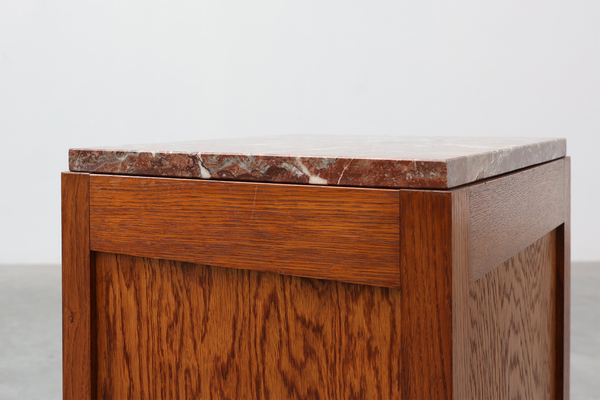 Art Deco Oak Nightstand with Black Line Inlay and Red Marble Top, 1920thumbnail