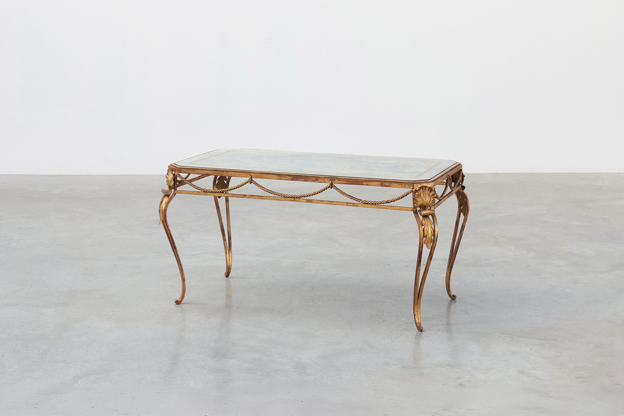 Hollywood Regency Wrought Iron Coffee Table with Aged Mirror Top, France, 1950sthumbnail