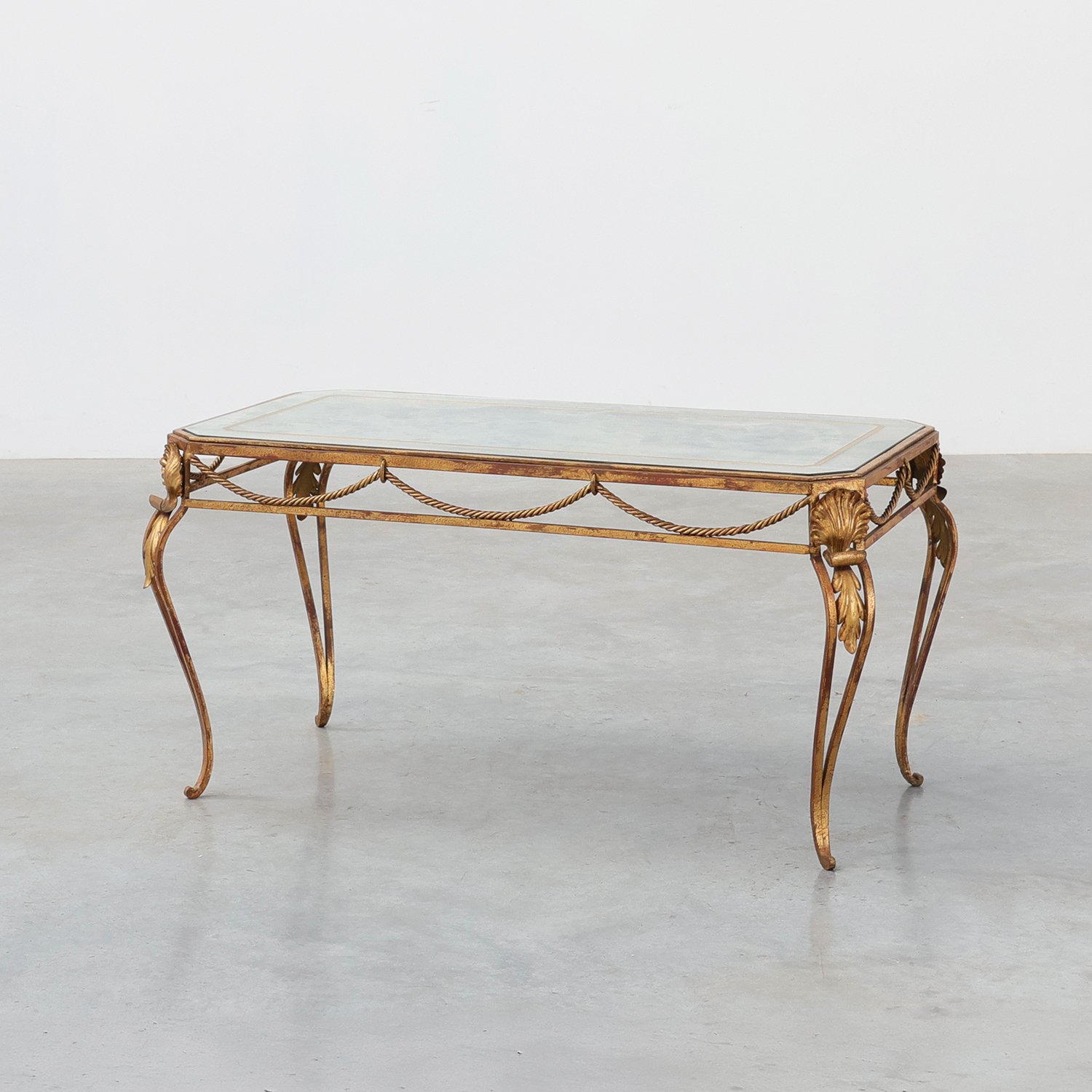 Hollywood Regency Wrought Iron Coffee Table with Aged Mirror Top, France, 1950sthumbnail