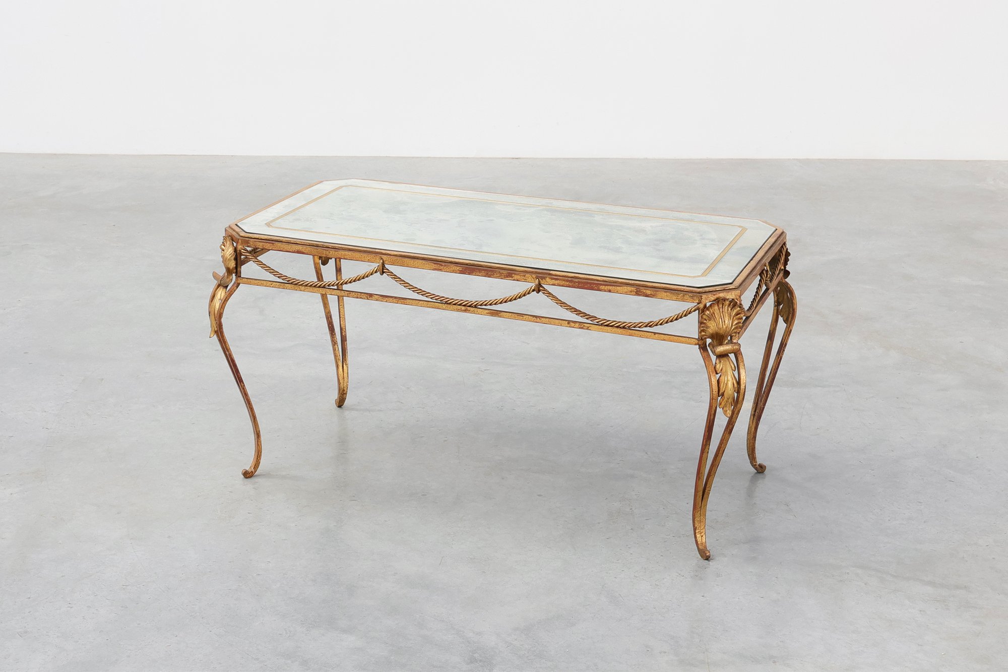 Hollywood Regency Wrought Iron Coffee Table with Aged Mirror Top, France, 1950sthumbnail