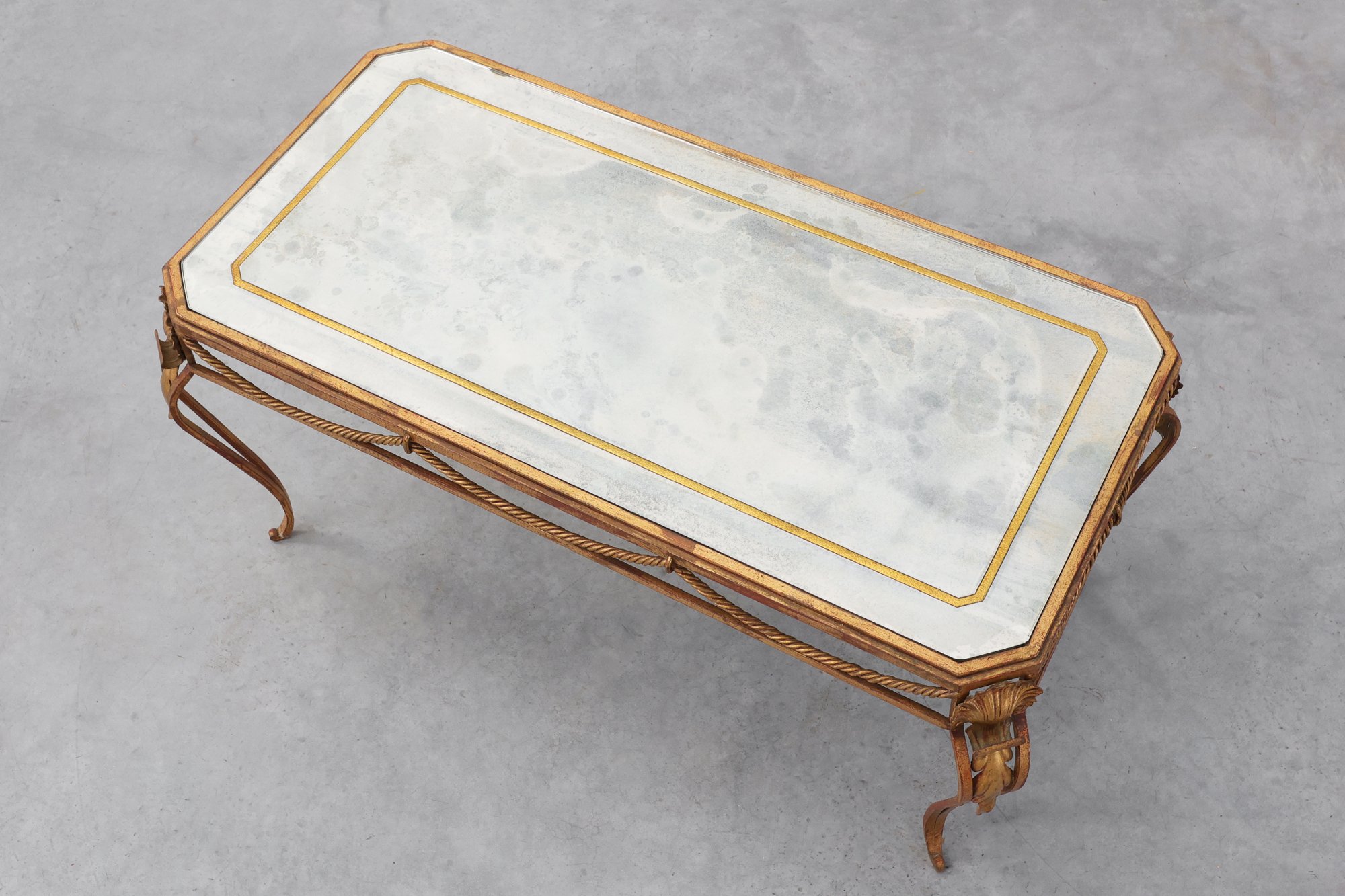 Hollywood Regency Wrought Iron Coffee Table with Aged Mirror Top, France, 1950sthumbnail