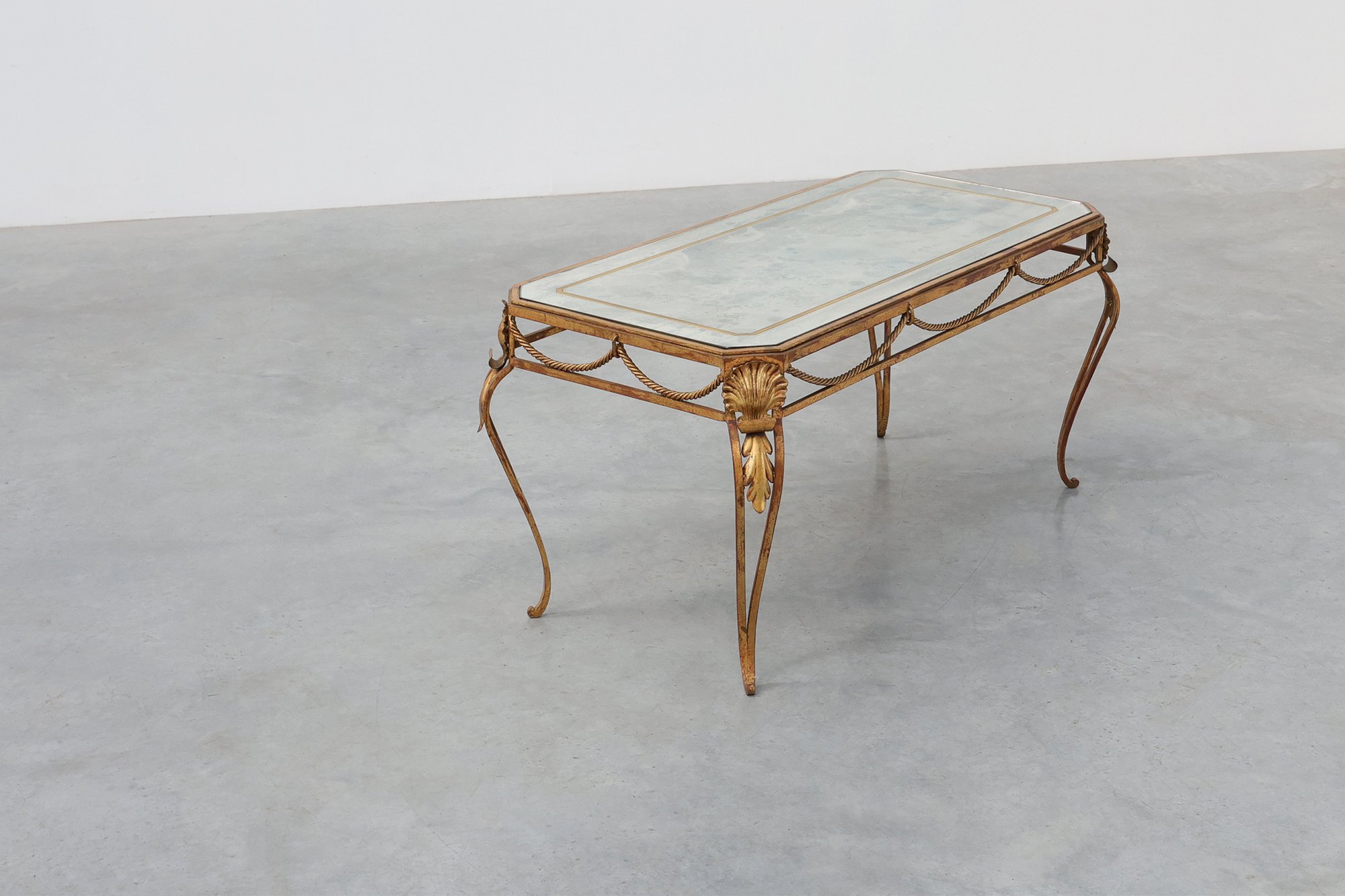 Hollywood Regency Wrought Iron Coffee Table with Aged Mirror Top, France, 1950sthumbnail