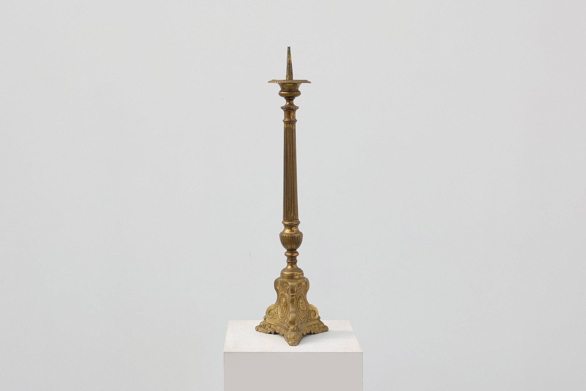 Antique Brass Pricket Candlestick with Christ Medallion, France, 1880thumbnail