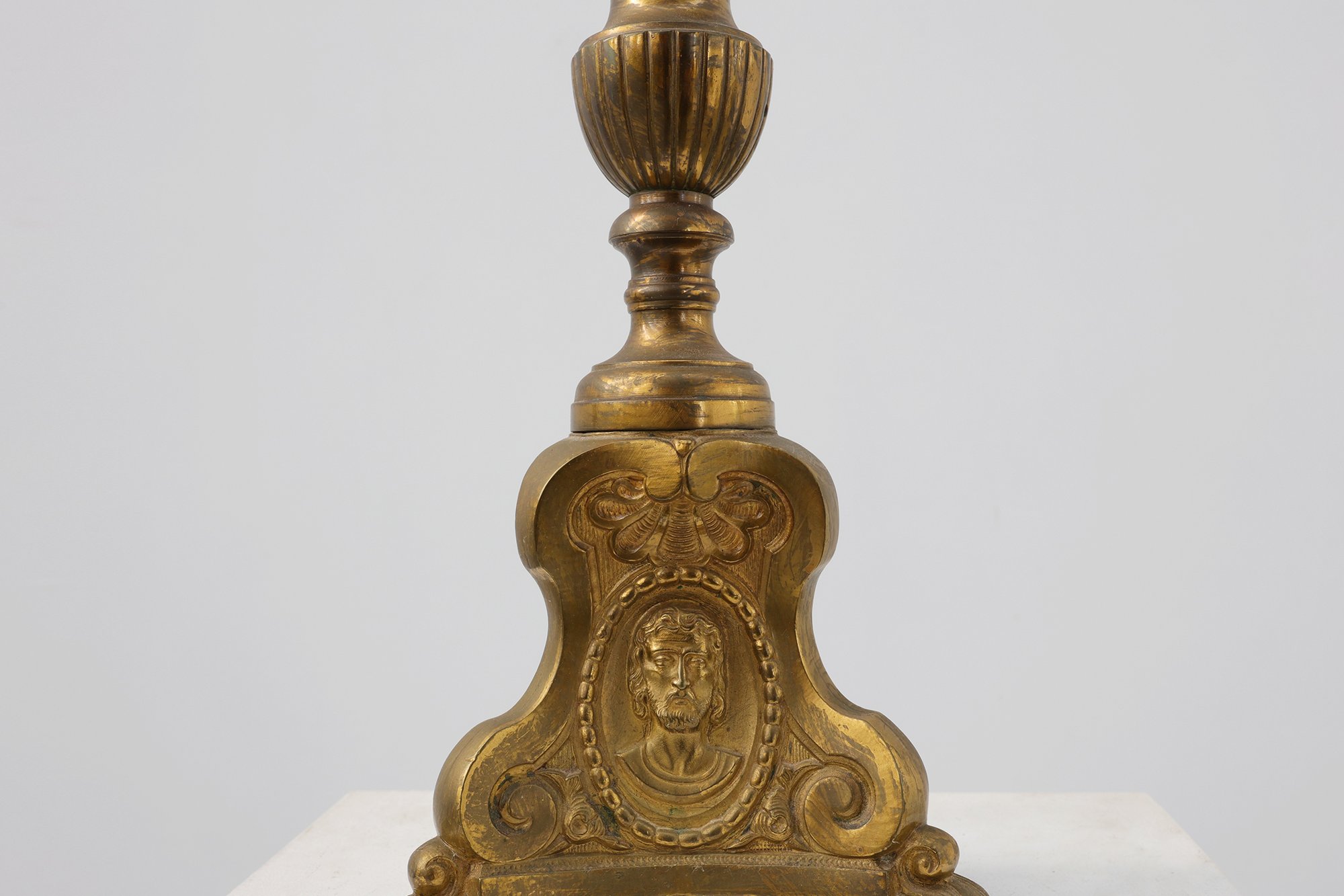 Antique Brass Pricket Candlestick with Christ Medallion, France, 1880thumbnail