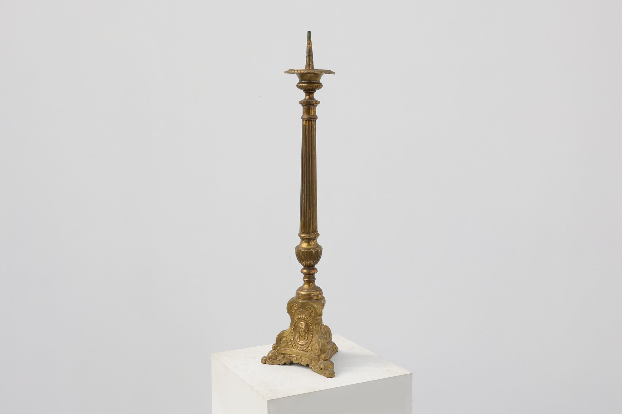 Antique Brass Pricket Candlestick with Christ Medallion, France, 1880thumbnail