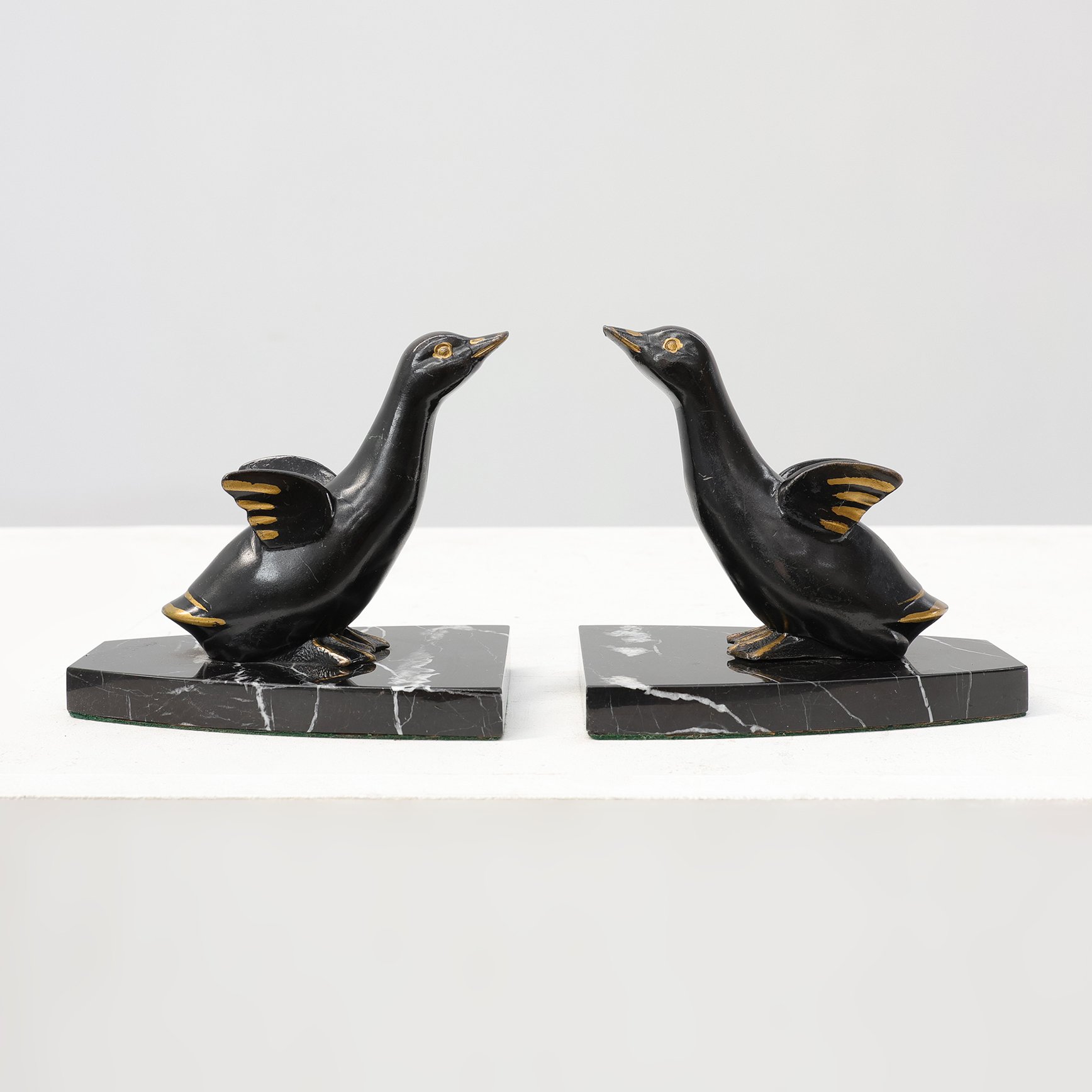 Pair of Art Deco Geese Bookends on Black Marble Bases, France, 1920-img