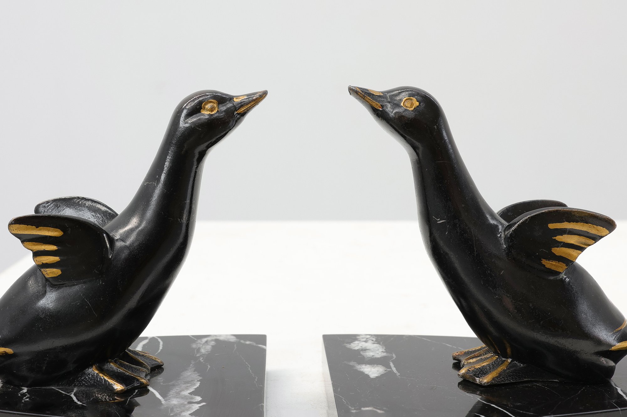 Pair of Art Deco Geese Bookends on Black Marble Bases, France, 1920thumbnail