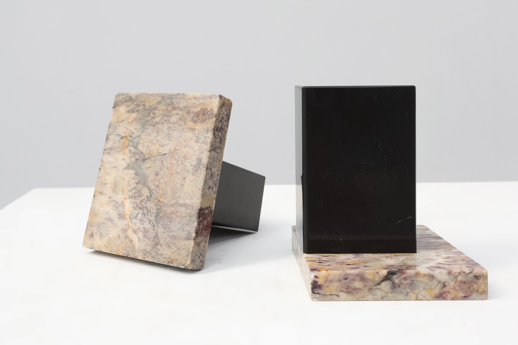 Pair of Art Deco Bookends in Black Metal and Veined Marble, Belgium, 1920thumbnail