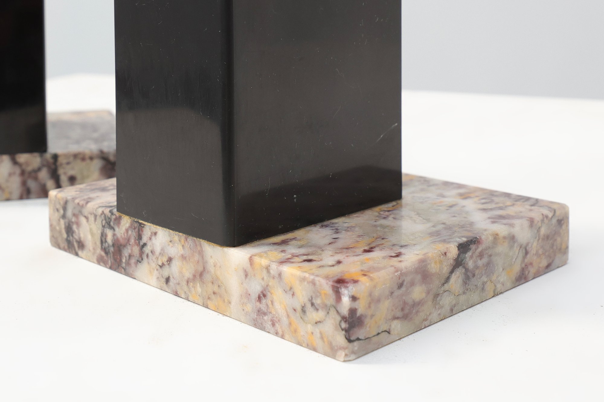 Pair of Art Deco Bookends in Black Metal and Veined Marble, Belgium, 1920thumbnail