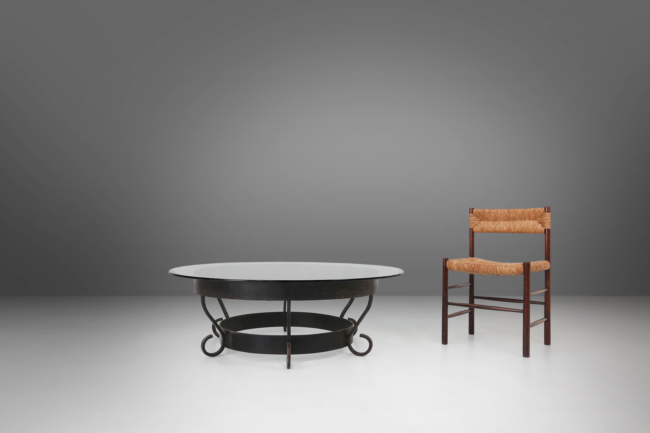 Rustic Round Coffee Table with Wrought Iron Base and Glass Top, France, 1930sthumbnail