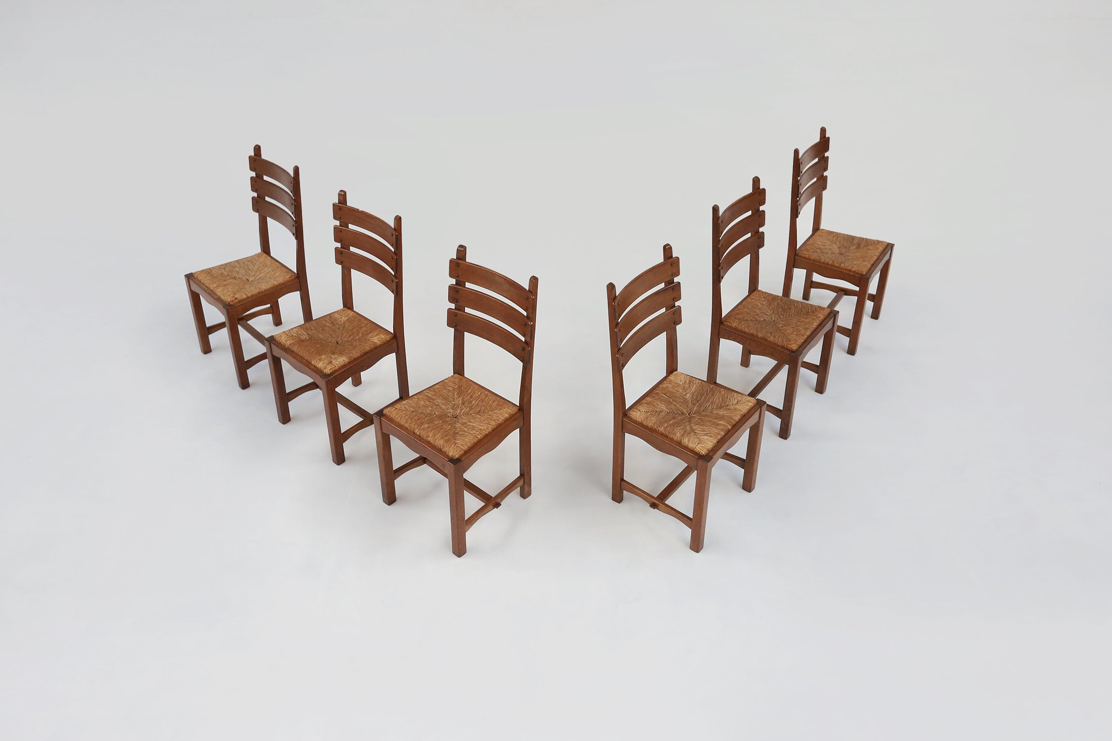 Brutalist Dining Chairs in Oak and Wicker, Set of 6thumbnail