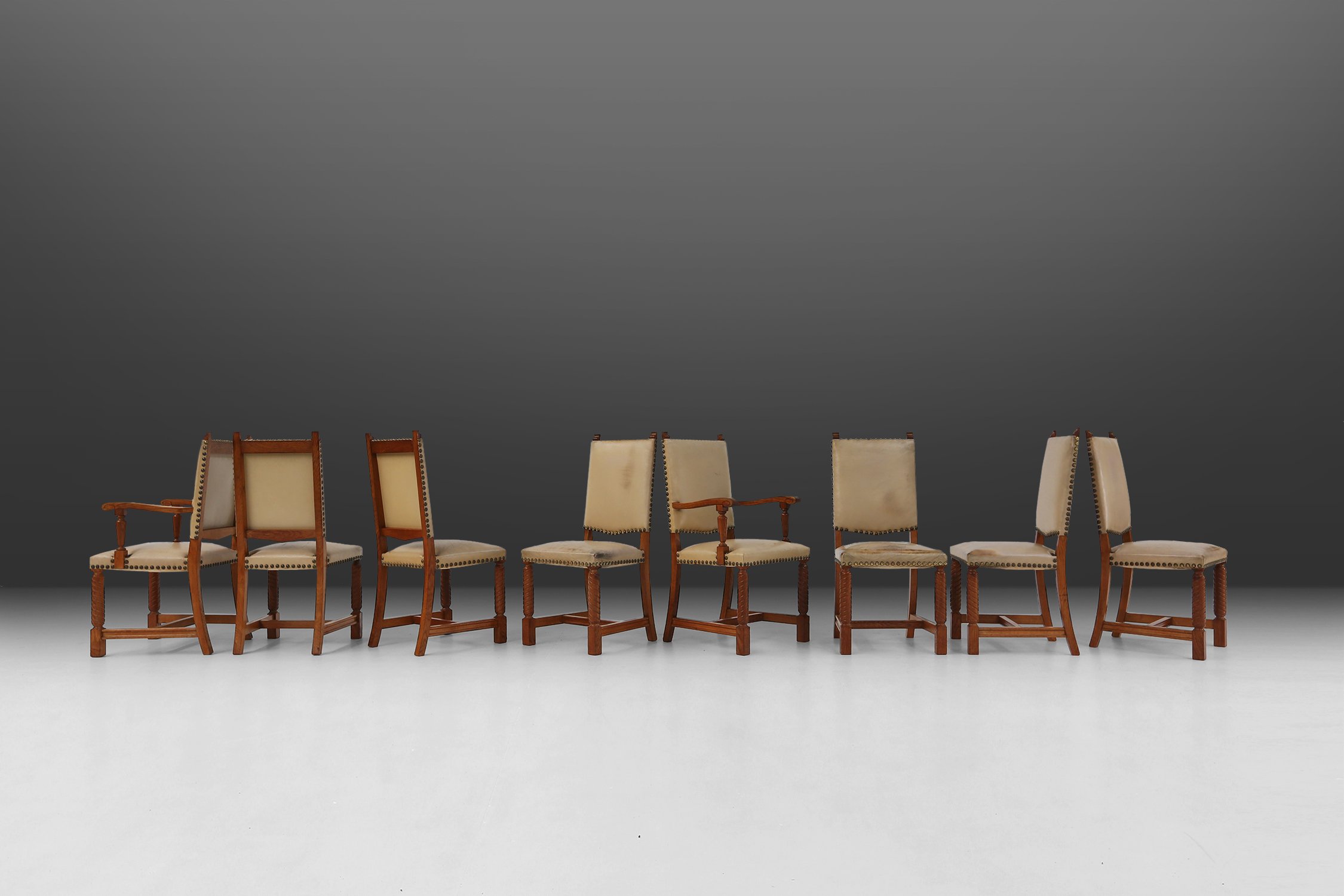 Art Deco Dining Room Chairs in Oak and Leather, 1940s, Set of 8thumbnail