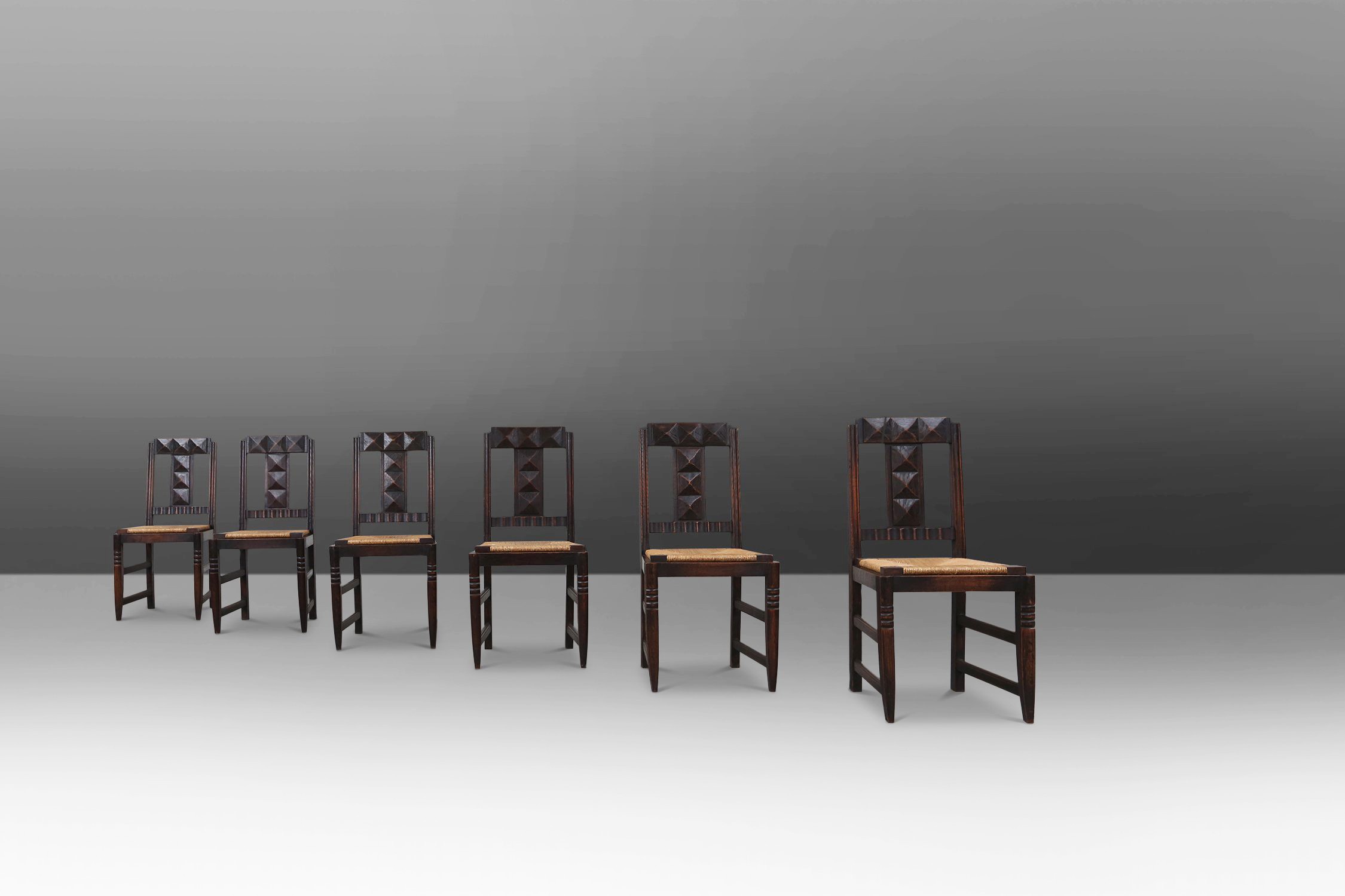 Set of 6 Art Deco Dining Chairs in Oak and Wicker by Victor Coutray, Francethumbnail