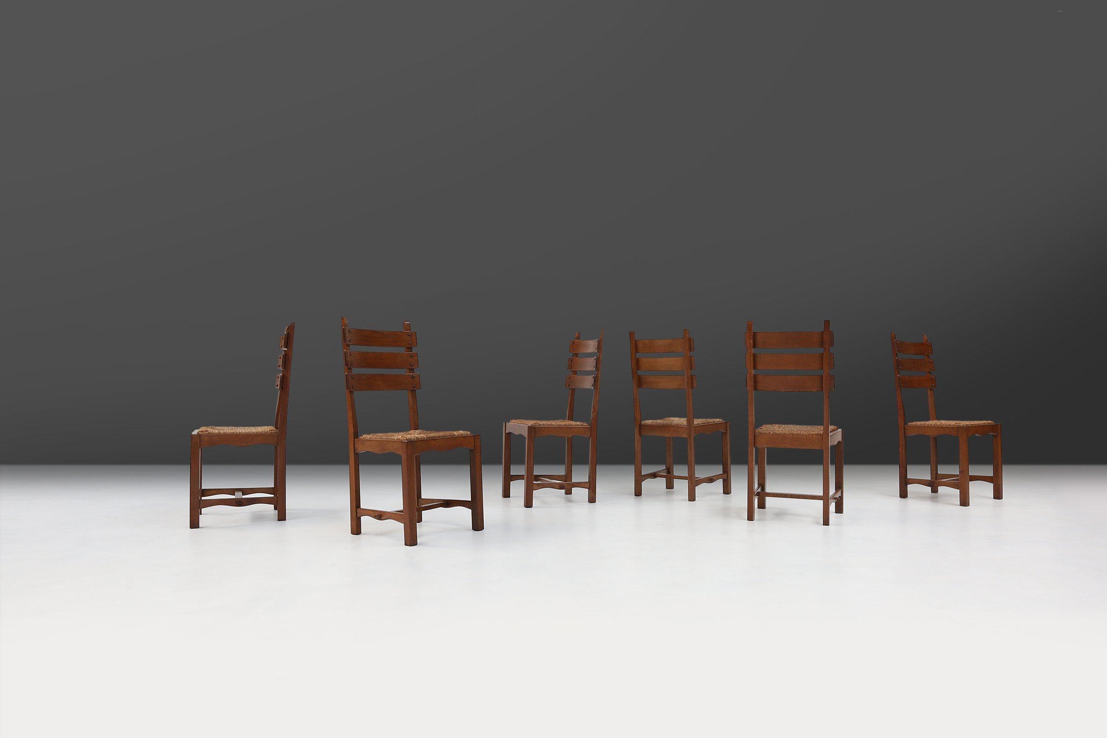 Brutalist Dining Chairs in Oak and Wicker, Set of 6thumbnail