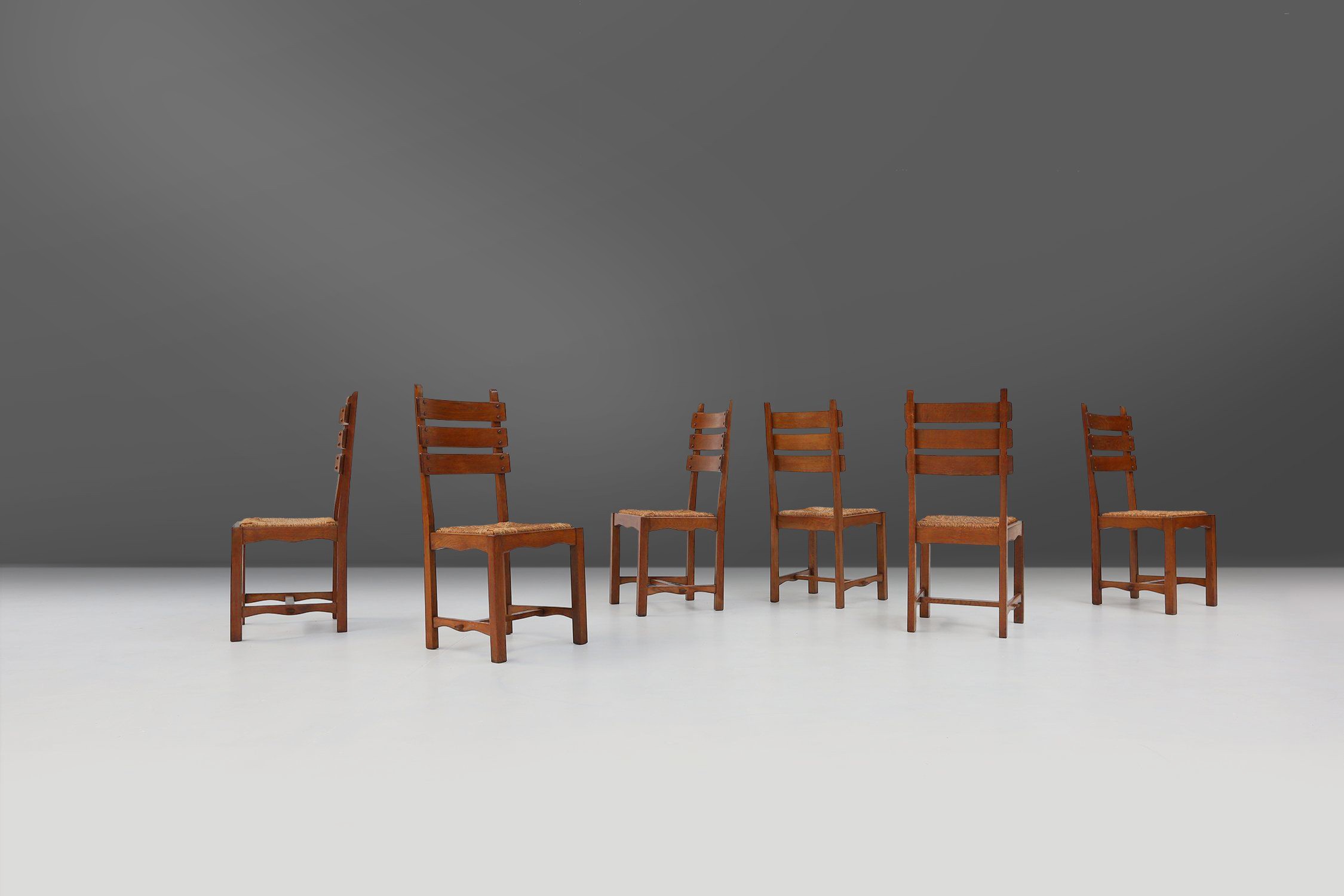 Brutalist Dining Chairs in Oak and Wicker, Set of 6thumbnail