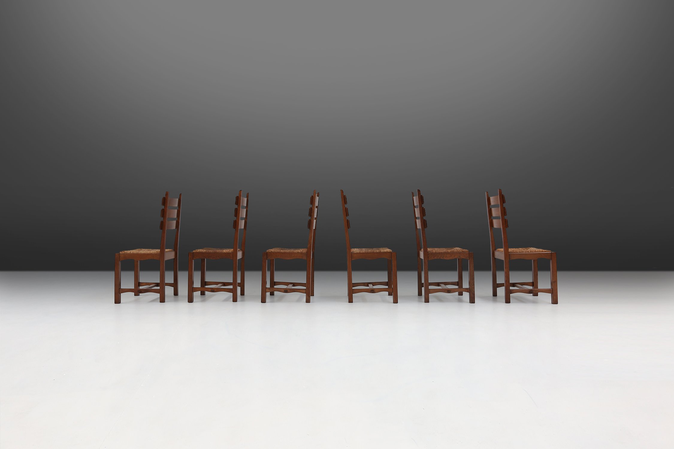 Brutalist Dining Chairs in Oak and Wicker, Set of 6thumbnail
