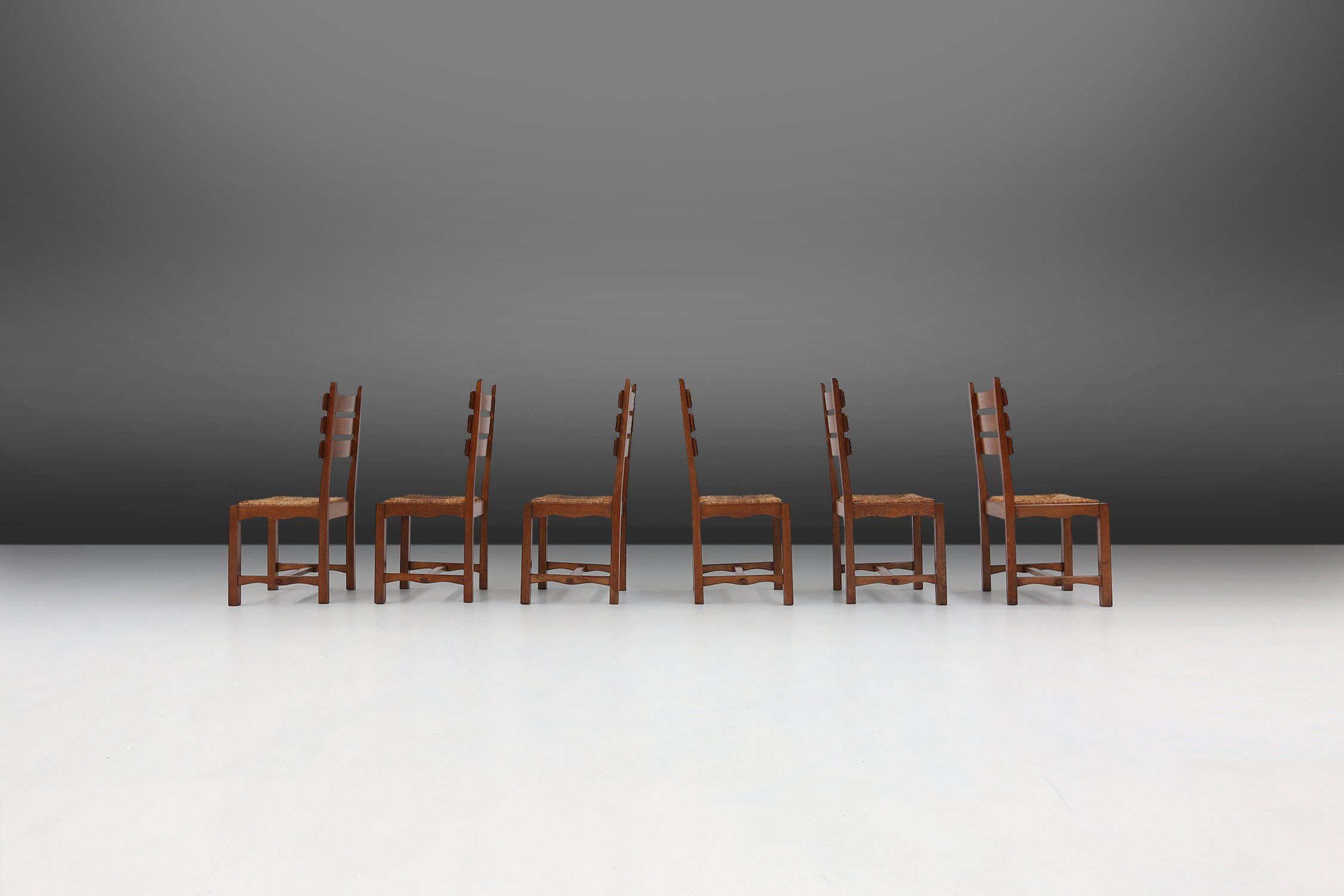 Brutalist Dining Chairs in Oak and Wicker, Set of 6thumbnail