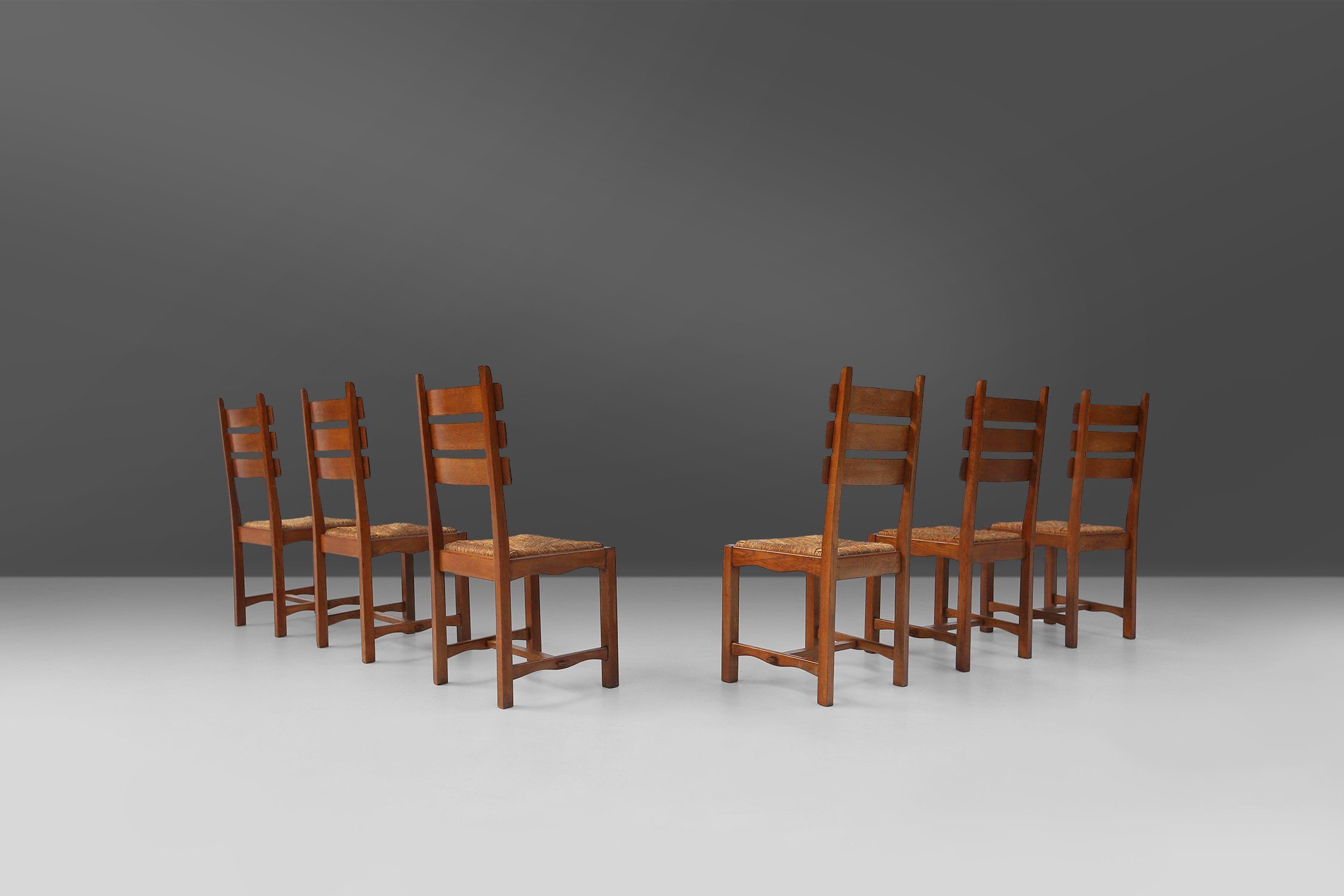 Brutalist Dining Chairs in Oak and Wicker, Set of 6thumbnail