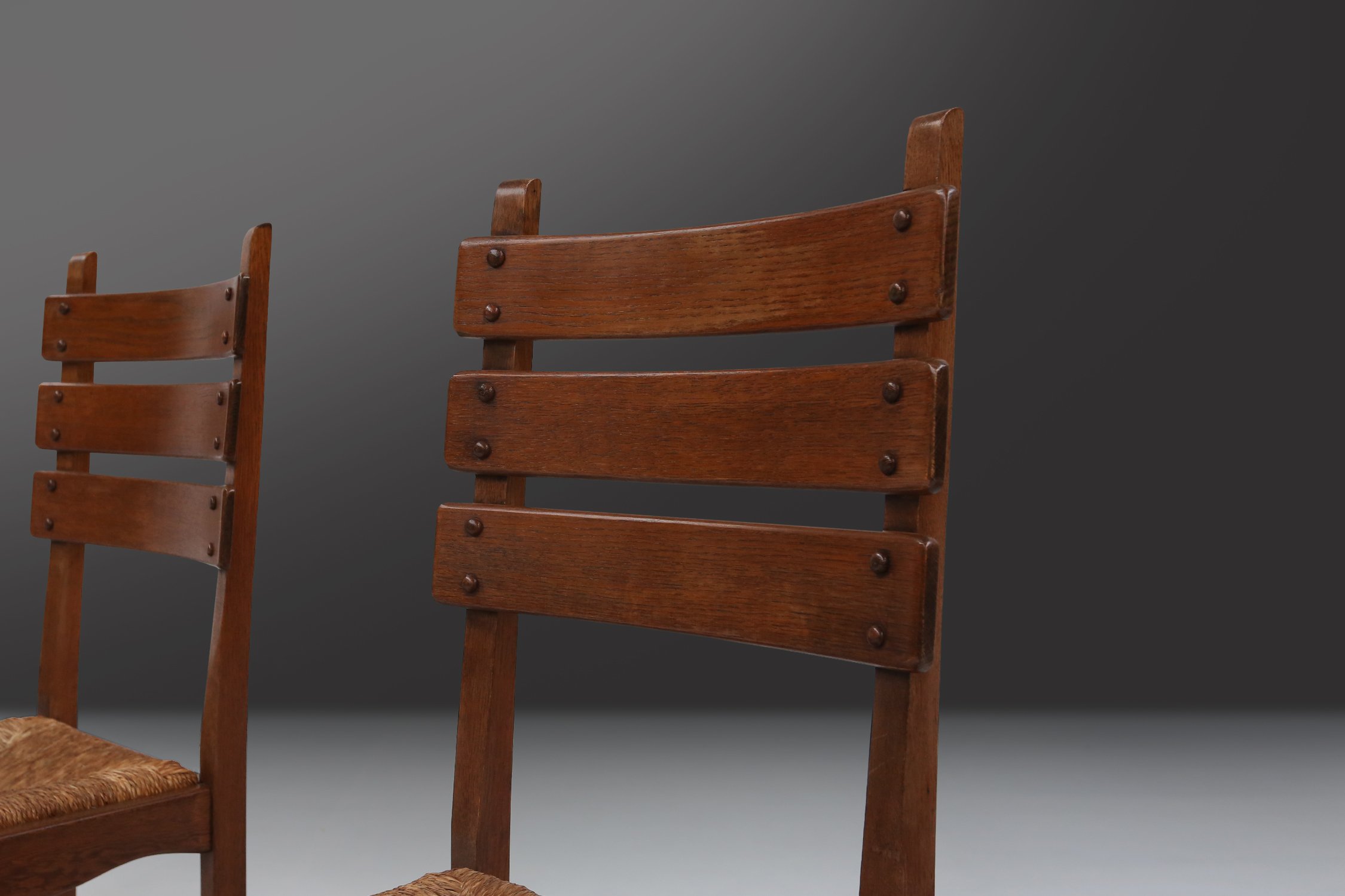 Brutalist Dining Chairs in Oak and Wicker, Set of 6thumbnail