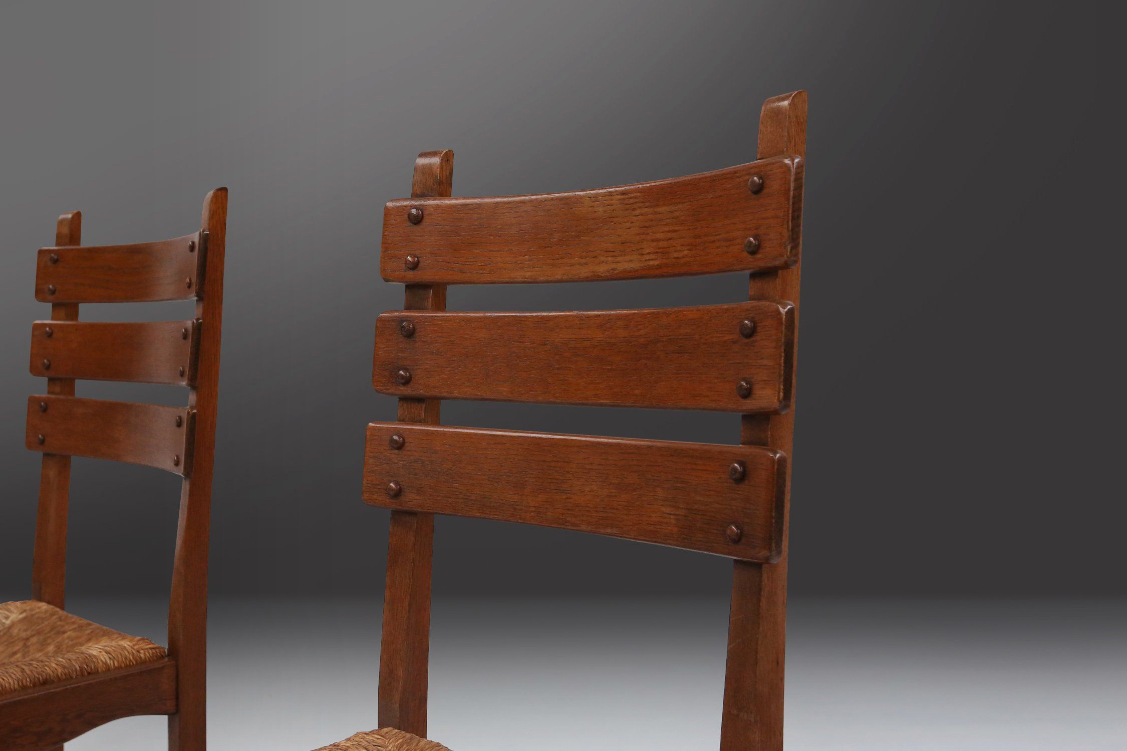 Brutalist Dining Chairs in Oak and Wicker, Set of 6thumbnail